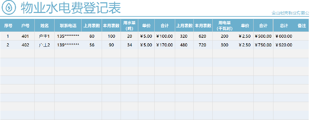 怎么做物业水电费登记表模板？免费的物业水电费登记表模板